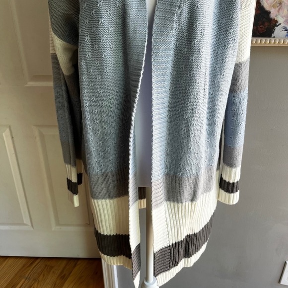 Striped Open Front Cardigan Sweater Long Sleeve Knitwear Duster - Picture 7 of 9
